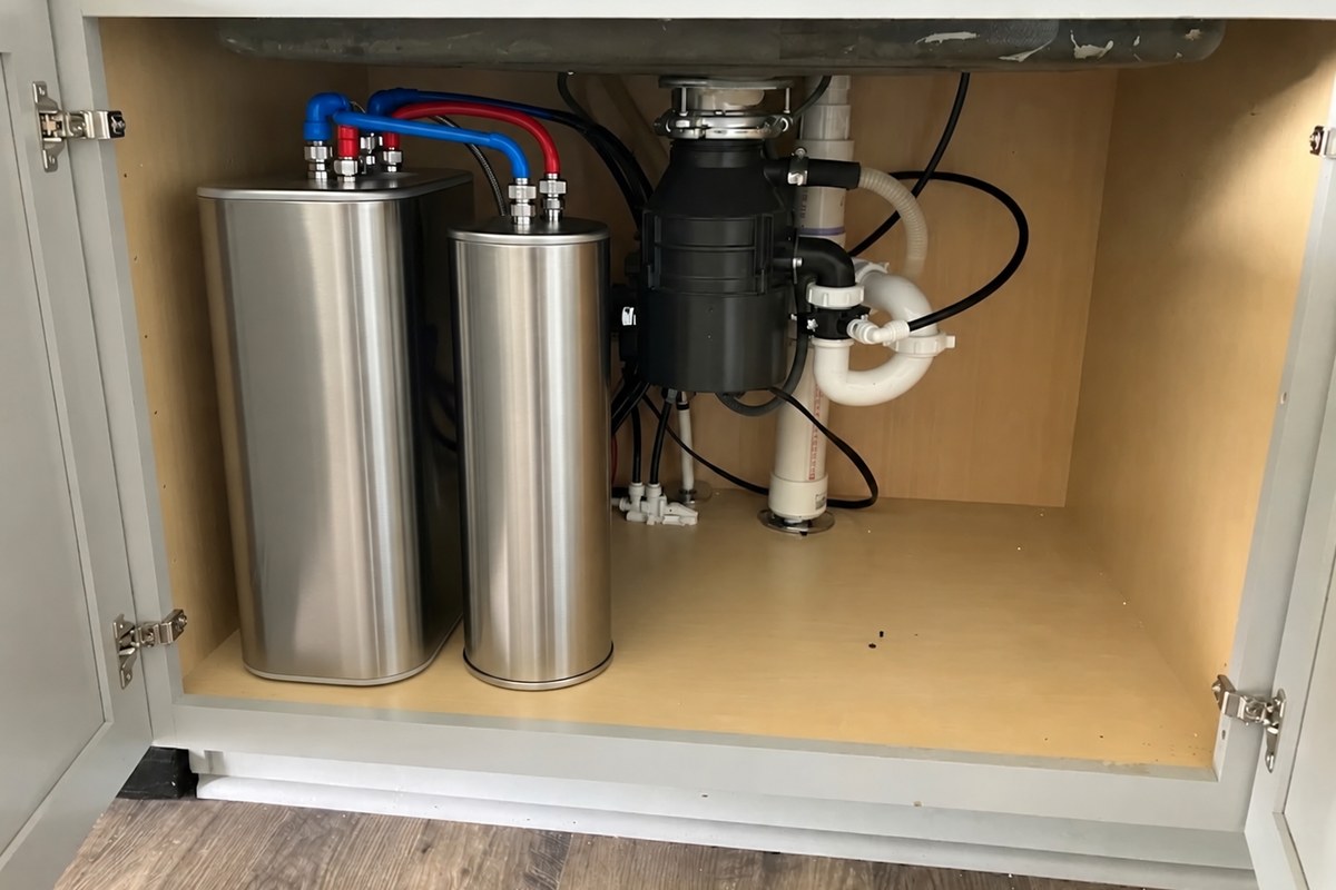 Under-sink water filtration system installed in a Raleigh home