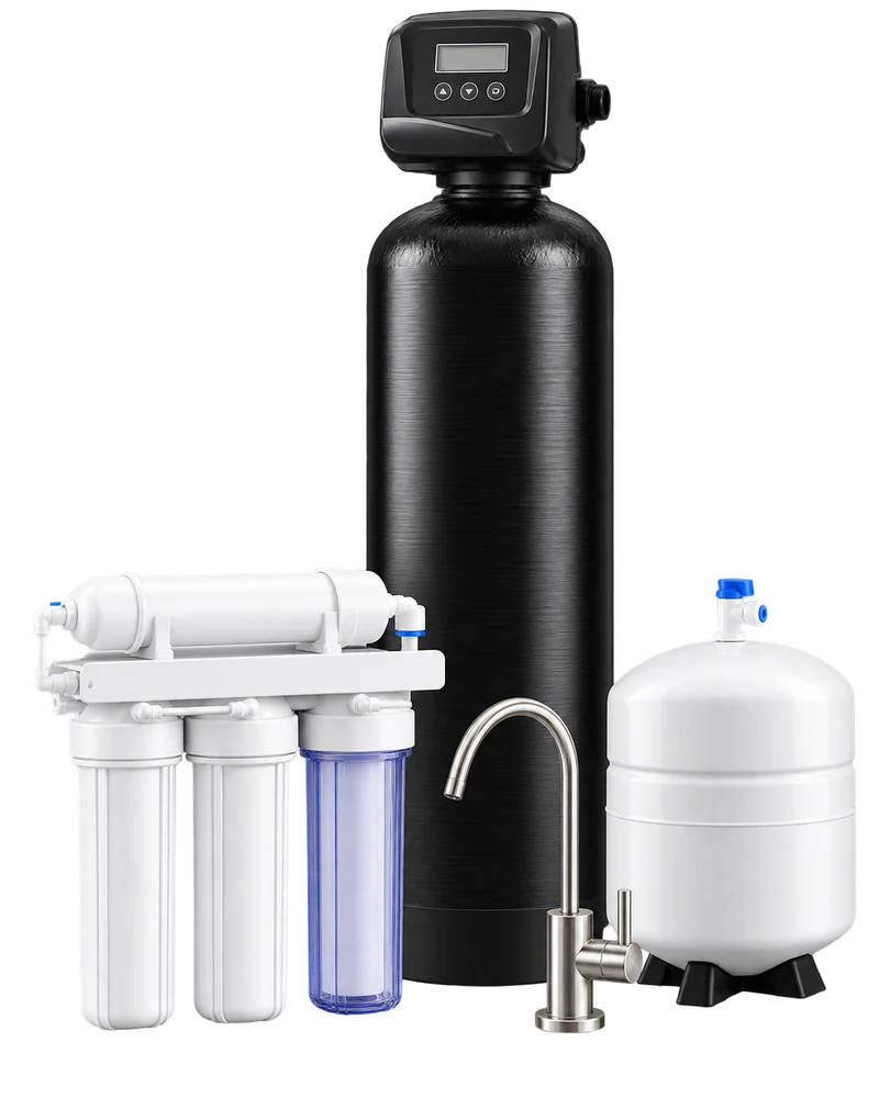Complete whole-home water system: point-of-entry filtration tank with reverse osmosis drinking water unit, storage tank and faucet